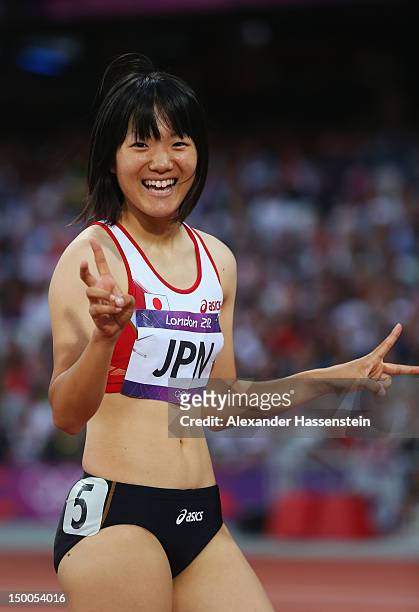 Anna Doi of Japan reacts after competing in the Women's 4 x 100m Relay Round 1 on Day 13 of the London 2012 Olympic Games at Olympic Stadium on...