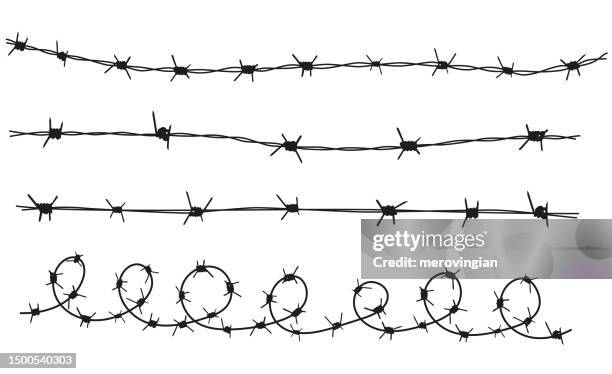 barbed wire. template of brush, barbwire set isolated silhouette - barbed wire fence stock illustrations