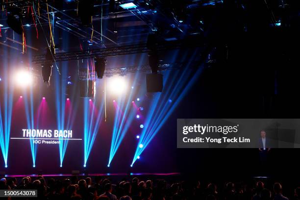 President Thomas Bach delivers an opening speech via a digital projection during the opening ceremony on day one of the Olympic Esports Week at...