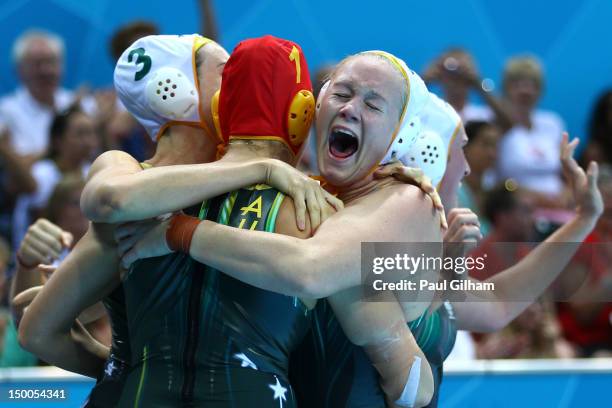 Australian players celebrate winning the Women's Water Polo Bronze Medal match between Australia and Hungary on Day 13 of the London 2012 Olympic...