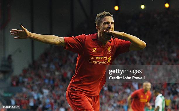 Fabio Borini of Liverpool celebrates his goal during the UEFA Europa League Third Round Qualifier between Liverpool and Gomel at Anfield on August 9,...