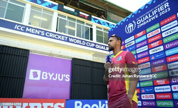 Nicholas Pooran of West Indies looks on as they are interviewed during the ICC Men's Cricket World Cup Qualifier Zimbabwe 2023 match between the West...