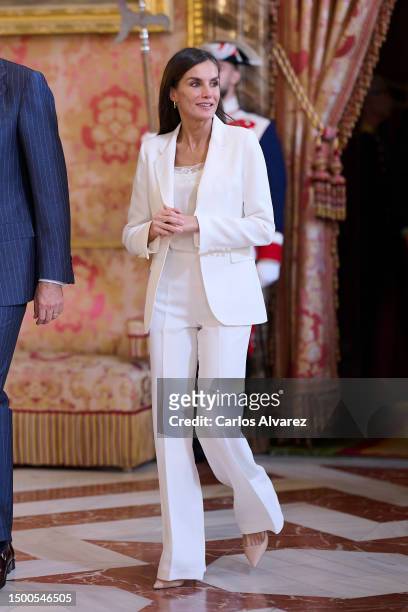 Queen Letizia of Spain meets the members of the "Princesa De Asturias" Foundation at Royal Palace on June 22, 2023 in Madrid, Spain.