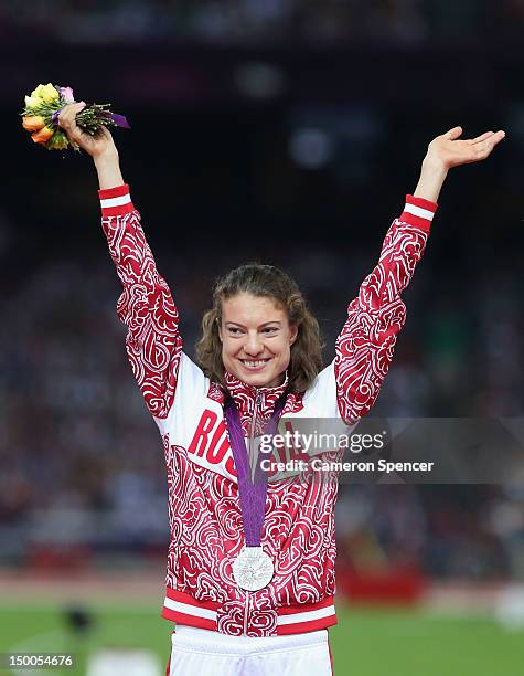 Silver medalist Elena Sokolova of Russia poses on the podium during the medal ceremony for the Women's Long Jump on Day 13 of the London 2012 Olympic...