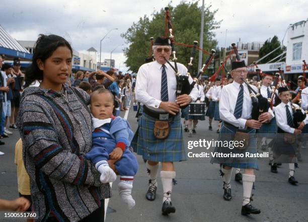 Rotorua, New Zealand, Maori demonstration "united in diversity" children and parents attend the parade.