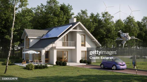 sustainable energy efficient house with solar panel, evtol and electric car - electric car home stock pictures, royalty-free photos & images