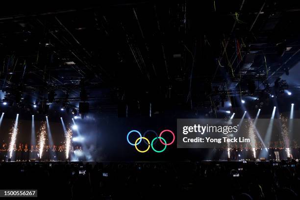 The Olympic Rings are displayed on stage during the opening ceremony on day one of the Olympic Esports Week at Suntec Singapore Convention &...