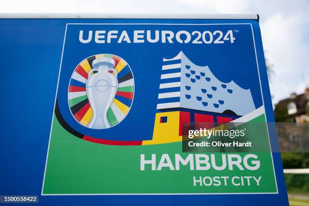 General view with UEFA EURO 2024 logo during a press conference for 'Hamburg Launches Ideas Competition For UEFA EURO 2024' at Grund- und...