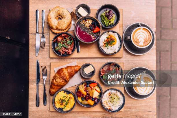 directly above view of brunch served in a cafe - butter coffee stock pictures, royalty-free photos & images