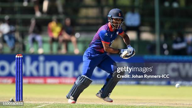 Rohit Paudel of Nepal plays a shot during the ICC Men's Cricket World Cup Qualifier Zimbabwe 2023 match between the West Indies and Nepal at Harare...