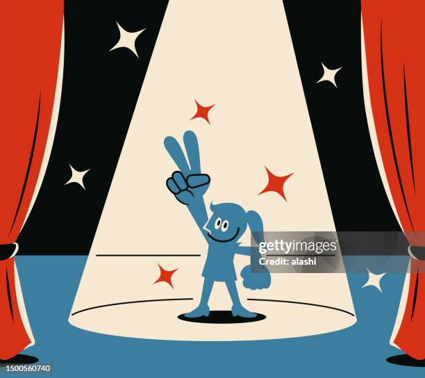 a smiling blue woman holds up her index and middle fingers to signal victory or peace on stage with a spotlight - pride awards ceremony stock illustrations