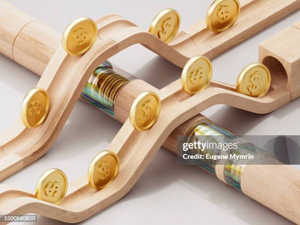 3d image of rolling coins along a path. - copper tunnel stock pictures, royalty-free photos & images