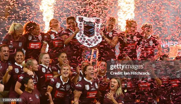 Queensland celebrates after winning the series during game two of the women's state of origin series between New South Wales Skyblues and Queensland...