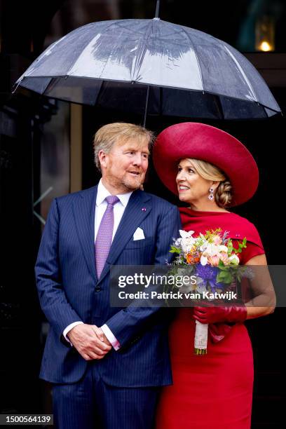 King Willem-Alexander of The Netherlands and Queen Maxima of The Netherlands visit the city center and greet well wishers on June 22, 2023 in...