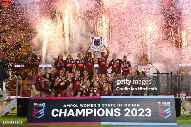 Queensland celebrates after winning the series during game two of the women's state of origin series between New South Wales Skyblues and Queensland...