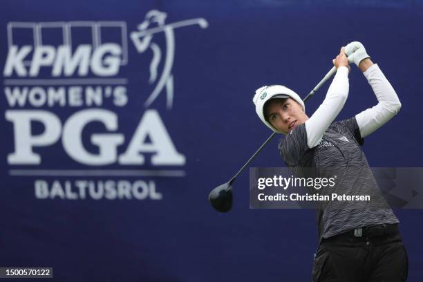 Carlota Ciganda of Spain hits a tee shot on the first hole during the first round of the KPMG Women's PGA Championship at Baltusrol Golf Club on June...