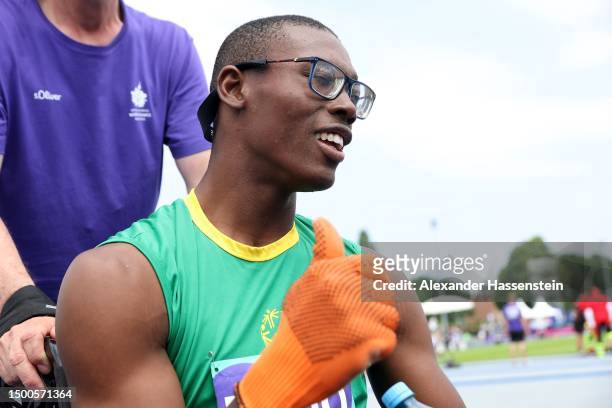 Kirk Wint of Jamaica reacts after finishing the 50m Men Final Plus at the Athletics Track and Field competition during day six of Special Olympics...