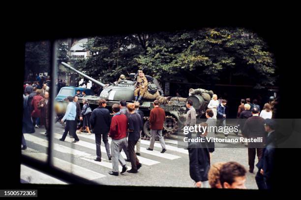 Prague, Czechoslovakia, August 1968, Russian military invasion of Czechoslovakia, Soviet tanks in the streets of the city center.