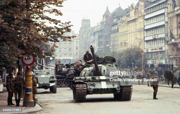 Prague, Czechoslovakia, August 1968, Russian military invasion of Czechoslovakia, Soviet tanks in the streets of the city center.