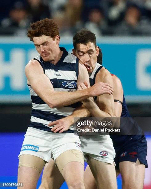 Gary Rohan of the Cats makes accidental contact with Jeremy Cameron of the Cats during the round 15 AFL match between Geelong Cats and Melbourne...