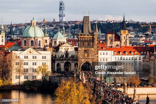 prague old town (stare mesto) and charles bridge aerial view, czech republic - stare mesto stock pictures, royalty-free photos & images