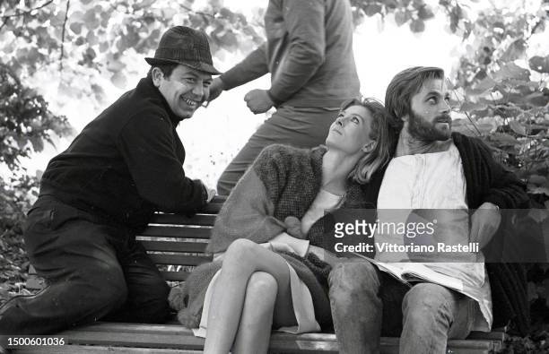 Padua, Italy, May 1968, the film director Elio Petri with the actors Vanessa Redgrave and Franco Nero during the shooting of the film "A quiet place...