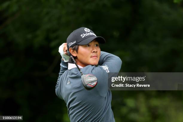 Kim of South Korea plays his shot from the 12th tee during the first round of the Travelers Championship at TPC River Highlands on June 22, 2023 in...