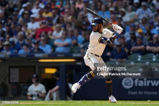 Raimel Tapia of the Milwaukee Brewers bats against the Arizona Diamondbacks in the second inning at American Family Field on June 21, 2023 in...
