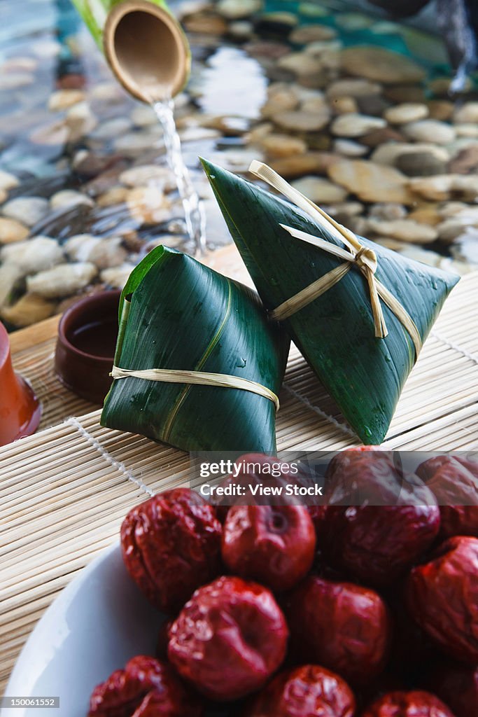 "Sticky rice dumplings wrapped in leaves,close up"