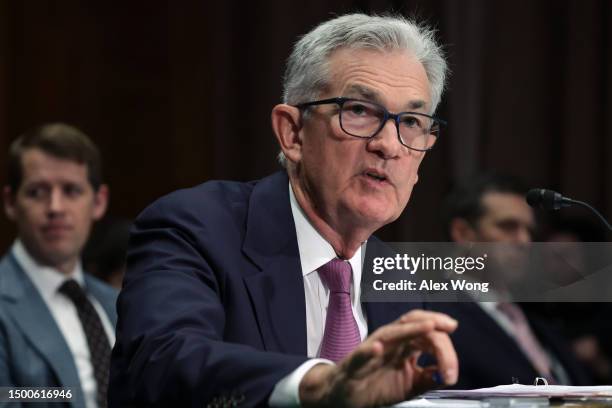 Federal Reserve Board Chairman Jerome Powell testifies during a hearing before Senate Banking, Housing, and Urban Affairs Committee at Dirksen Senate...