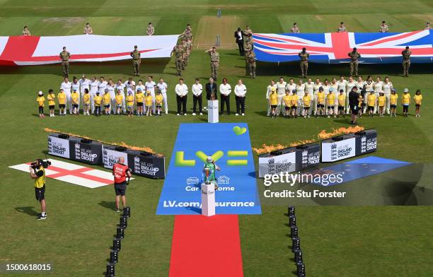 The two teams come out onto the field prior to day one of the LV= Insurance Women's Ashes Test match between England and Australia at Trent Bridge on...