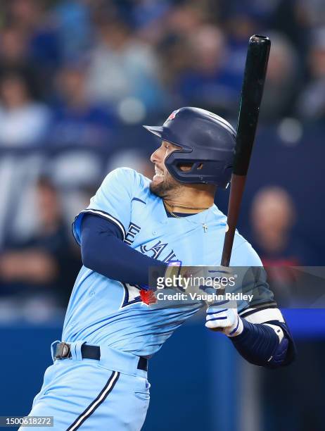 George Springer of the Toronto Blue Jays bats against the Houston Astros at Rogers Centre on June 06, 2023 in Toronto, Ontario, Canada.
