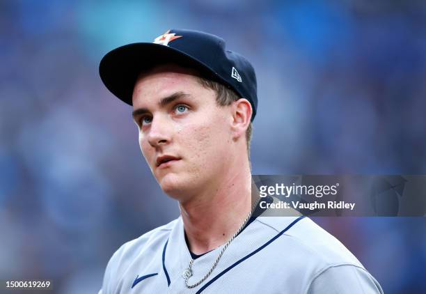 Hunter Brown of the Houston Astros leaves the field against the Toronto Blue Jays at Rogers Centre on June 06, 2023 in Toronto, Ontario, Canada.