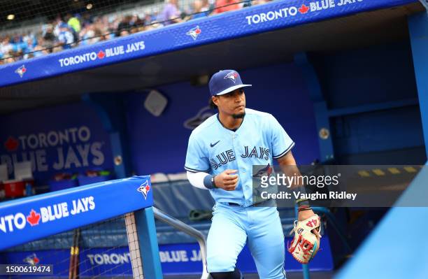 Santiago Espinal of the Toronto Blue Jays runs onto the field prior to a game against the Houston Astros at Rogers Centre on June 06, 2023 in...