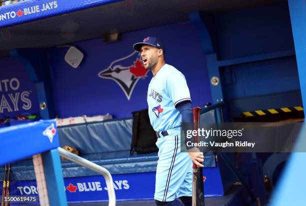 George Springer of the Toronto Blue Jays arrives in the dugout prior to a game against the Houston Astros at Rogers Centre on June 06, 2023 in...