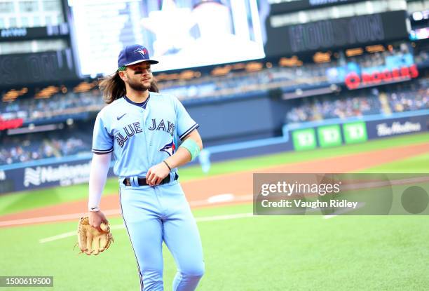 Bo Bichette of the Toronto Blue Jays runs to the dugout prior to a game against the Houston Astros at Rogers Centre on June 06, 2023 in Toronto,...