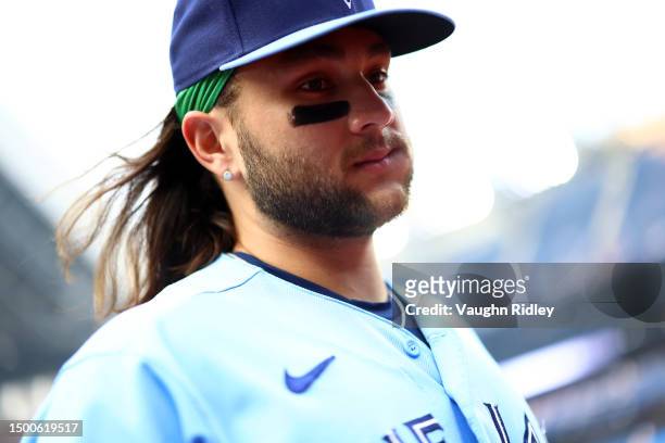 Bo Bichette of the Toronto Blue Jays runs to the dugout prior to a game against the Houston Astros at Rogers Centre on June 06, 2023 in Toronto,...