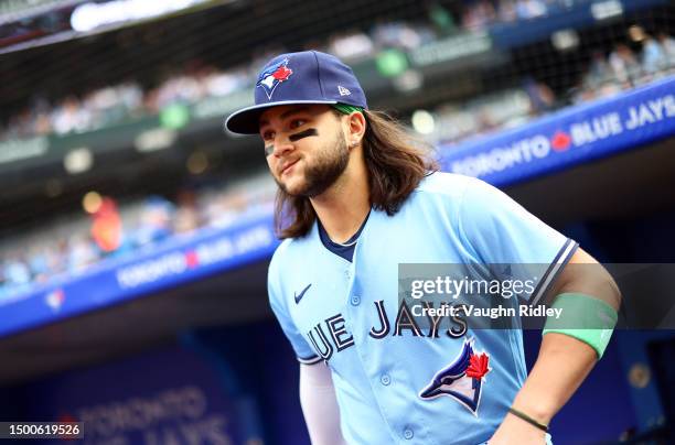 Bo Bichette of the Toronto Blue Jays runs onto the field prior to a game against the Houston Astros at Rogers Centre on June 06, 2023 in Toronto,...