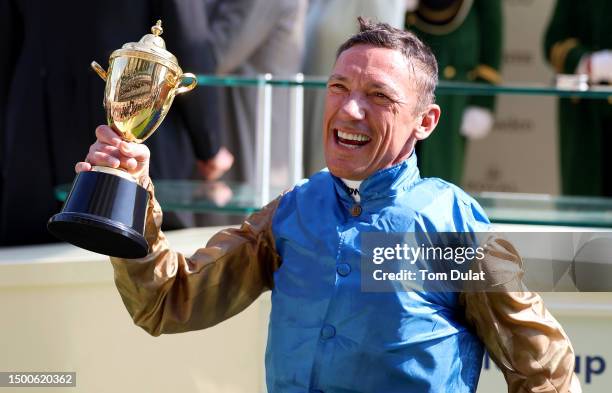 Frankie Dettori celebrates with the trophy after riding Courage Mon Ami to winning The Gold Cup on day three during Royal Ascot 2023 at Ascot...