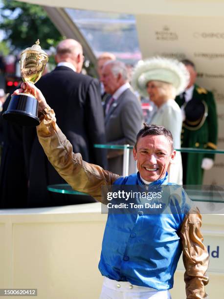 Frankie Dettori celebrates with the trophy after riding Courage Mon Ami to winning The Gold Cup on day three during Royal Ascot 2023 at Ascot...