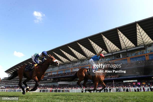 Frankie Dettori riding Courage Mon Ami celebrates winning The Gold Cup during day three of Royal Ascot 2023 at Ascot Racecourse on June 22, 2023 in...