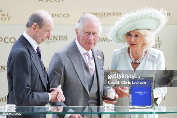 Duke of Kent presented the trophy to King Charles III and Queen Camilla at the presentation after their horse, Desert Hero won on day three of Royal...