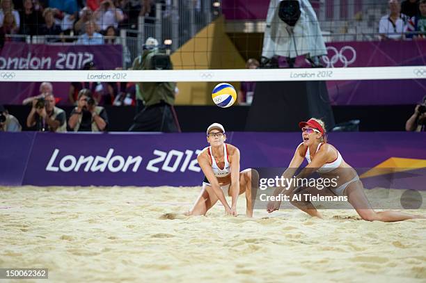 Summer Olympics: USA April Ross in action vs USA Kerri Walsh Jennings and Misty May-Treanor during Women's Gold Medal Match at Horse Guards Parade....