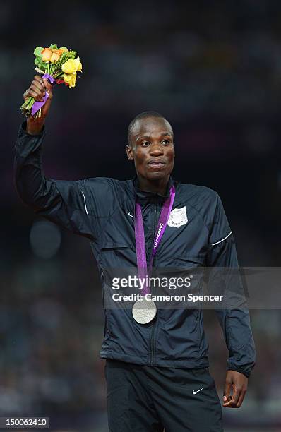 Silver medalist Nijel Amos of Botswana poses on the podium during the medal ceremony for the Men's 800m on Day 13 of the London 2012 Olympic Games at...