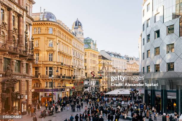 crowds of people shopping at stephansplatz, vienna, austria - oostenrijk stockfoto's en -beelden
