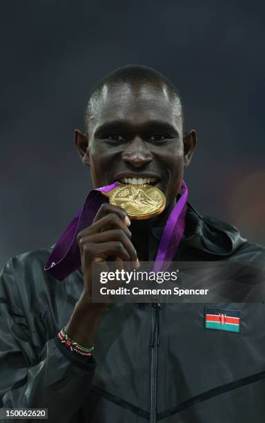 Gold medalist David Lekuta Rudisha of Kenya poses on the podium during the medal ceremony for the Men's 800m on Day 13 of the London 2012 Olympic...