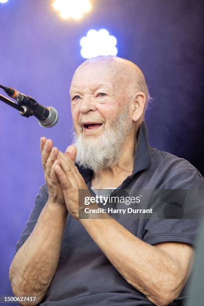 Festival founder Michael Eavis performs with his band on the Park Stage at Day 2 of Glastonbury Festival 2023 on June 22, 2023 in Glastonbury,...