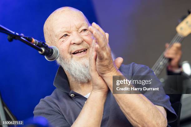 Festival founder Michael Eavis performs with his band on the Park Stage at Day 2 of Glastonbury Festival 2023 on June 22, 2023 in Glastonbury,...