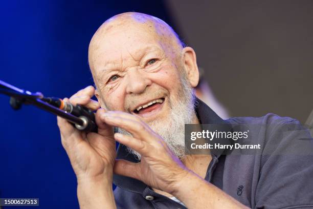 Festival founder Michael Eavis performs with his band on the Park Stage at Day 2 of Glastonbury Festival 2023 on June 22, 2023 in Glastonbury,...