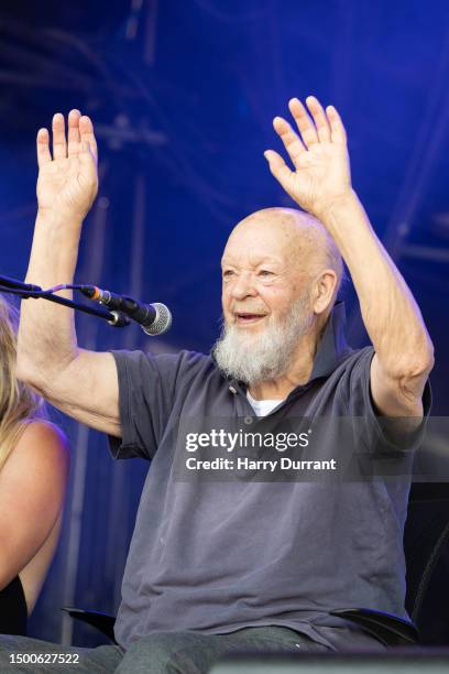 Festival founder Michael Eavis performs with his band on the Park Stage at Day 2 of Glastonbury Festival 2023 on June 22, 2023 in Glastonbury,...